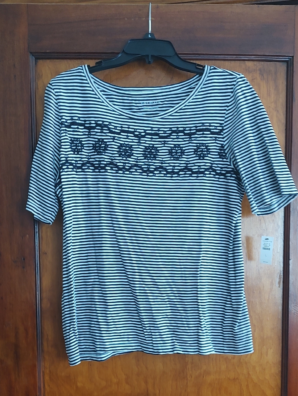 Talbots Black and White Striped Short-Sleeve Top with Crochet Panel